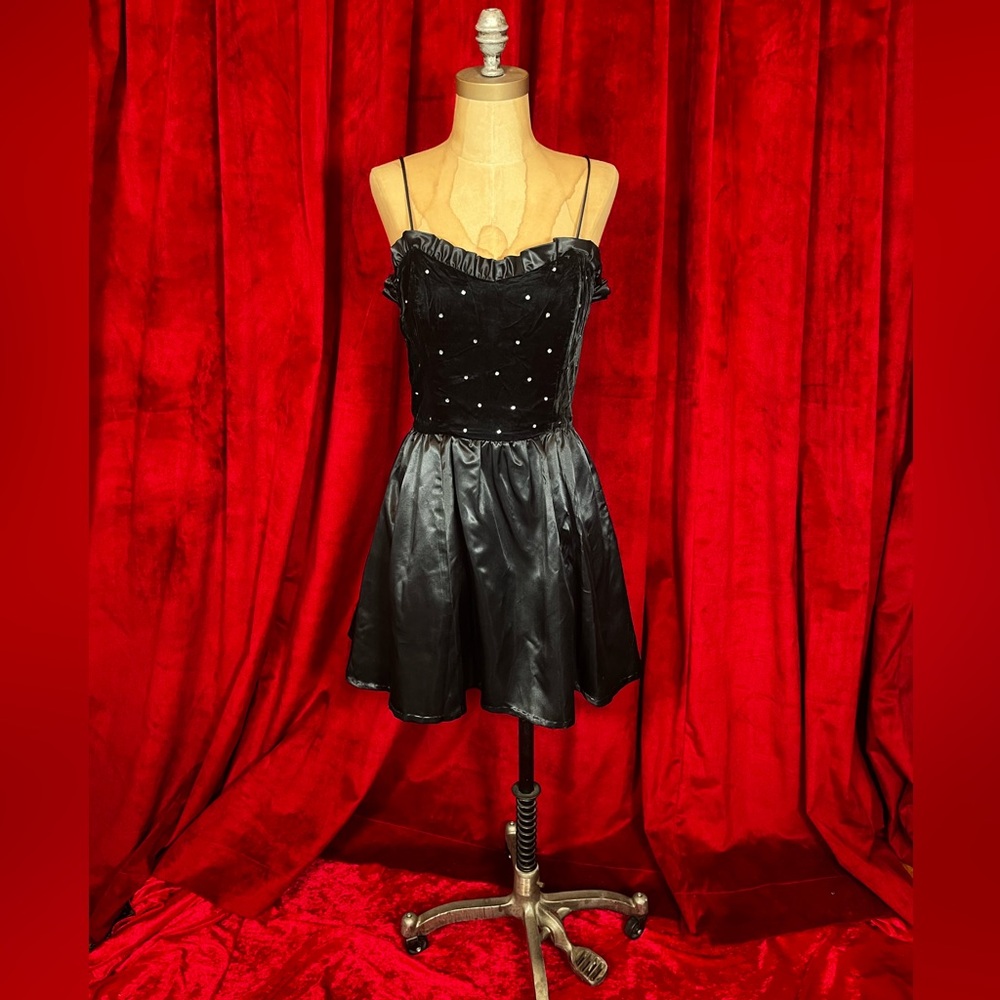 Vintage 80’s Black Satin Dress & Velvet Dress with Rhinestone Accents